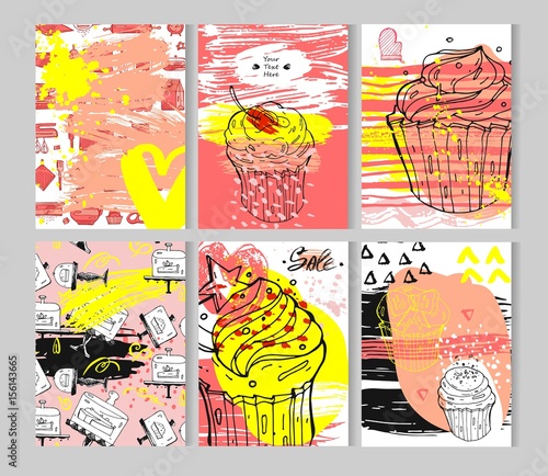 Hand drawn textured card template set.Vector colored collection of artistic bakery and cupcakes cards