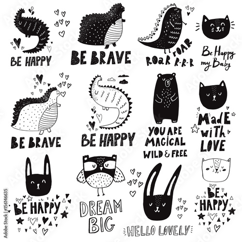 Set of wonderful cute and cheerful animals in doodle style