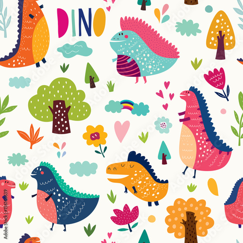 Seamless pattern with cute dinosaurs in nature