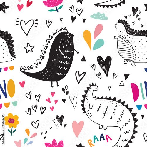 Seamless pattern with cute black dinosaurs in nature