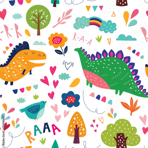 Seamless pattern with cute dinosaurs in nature