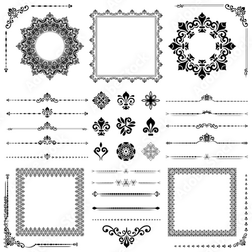 Vintage set of classic black elements. Different elements for decoration and design frames, cards, menus, backgrounds and monograms. Classic patterns. Set of vintage patterns