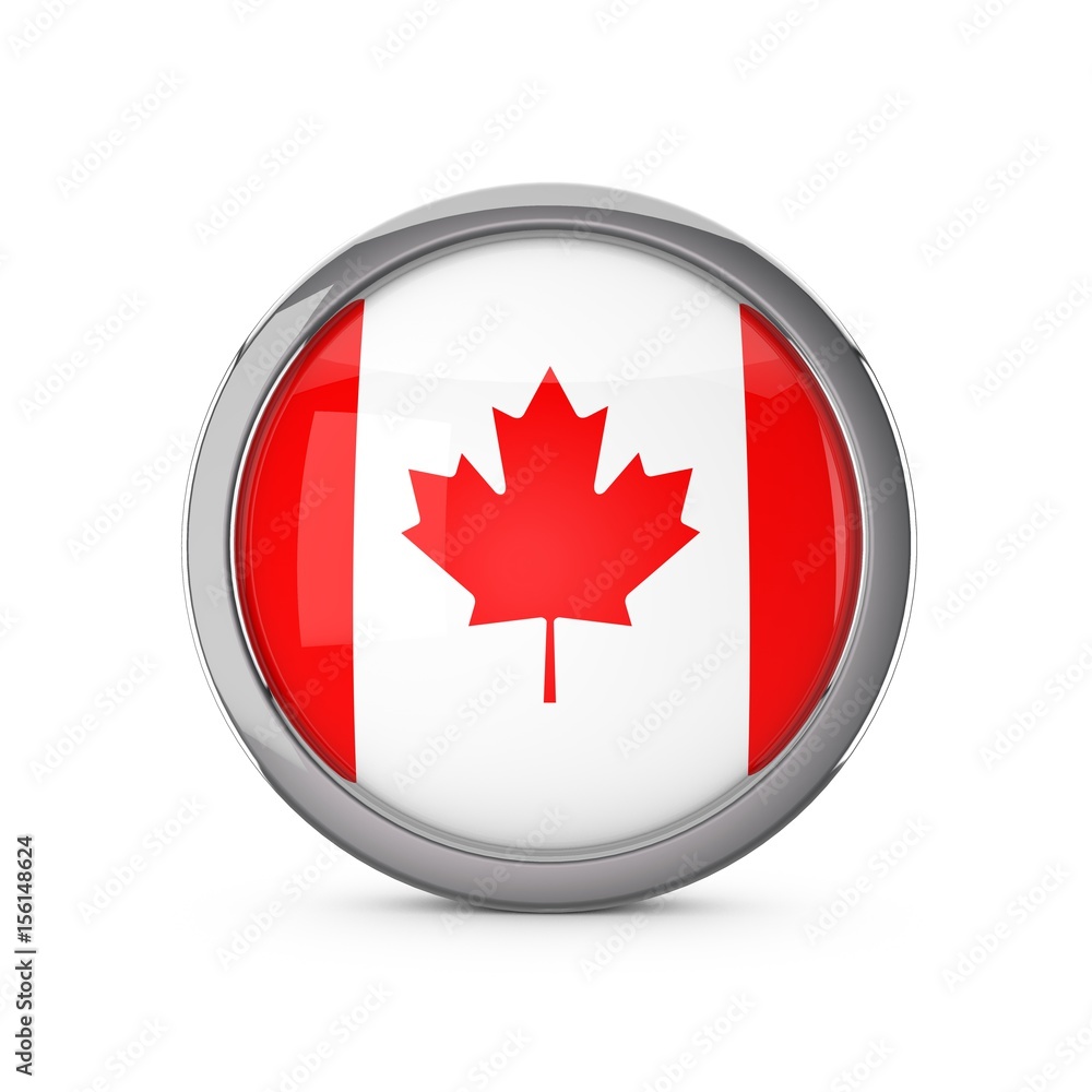 Canada national flag in a glossy circle shape with chrome frame. 3D Rendering Canada national flag in a glossy circle shape with chrome frame. 3D Rendering