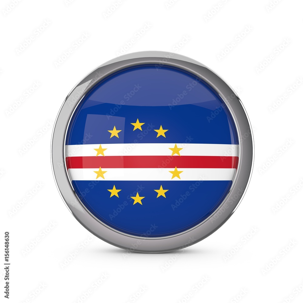 Cape Verde national flag in a glossy circle shape with chrome frame. 3D Rendering