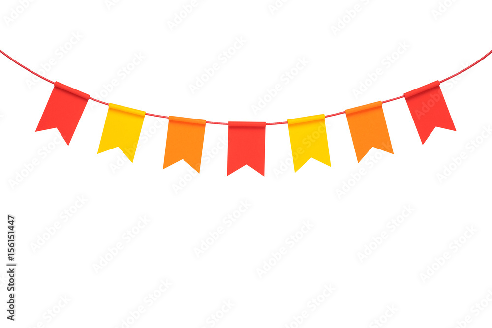 Colorful paper bunting party flags isolated on white background