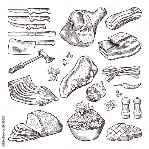Different meat food. Pork, bacon and kitchen accessories. Knife and axe vector hand drawn picture