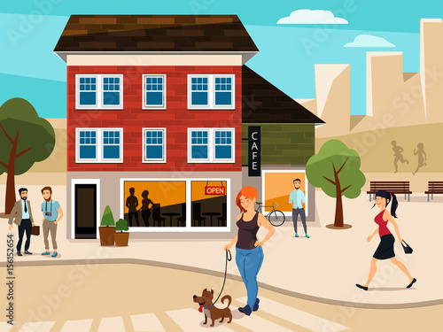 Urban illustration with walking people on the street. Road and buildings. Vector picture