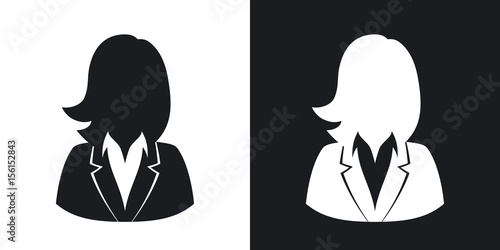Vector user icon of woman in business suit. Two-tone version on black and white background