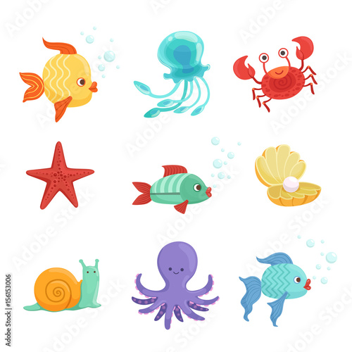 Marine set with underwater plants and sea fishes in cartoon style. Vector illustrations set