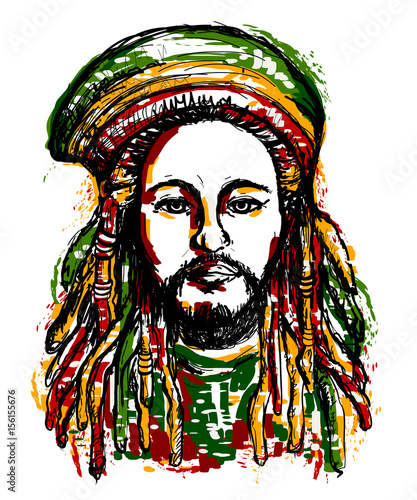 Portrait of rastaman. Jamaica theme. Reggae concept design. Tattoo art. Hand drawn grunge style art. Retro banner, card, t-shirt, bag, print, poster.Vintage colorful hand drawn vector illustration