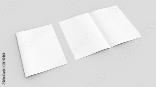 Blank magazine or brochure mockup isolated on soft gray background. 3D illustrating.