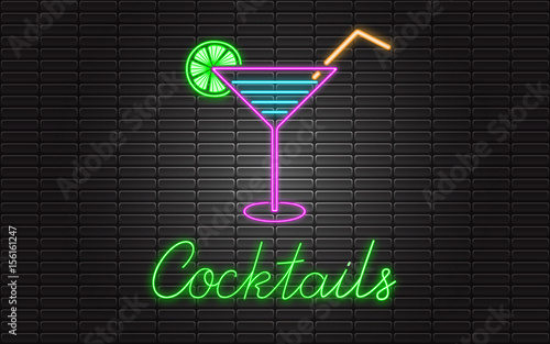 Cocktails neon sign with glass, drinking straw and lime, bright signboard, light banner on stylish brick wall.