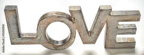 cracked wooden word love on white background, top angle view