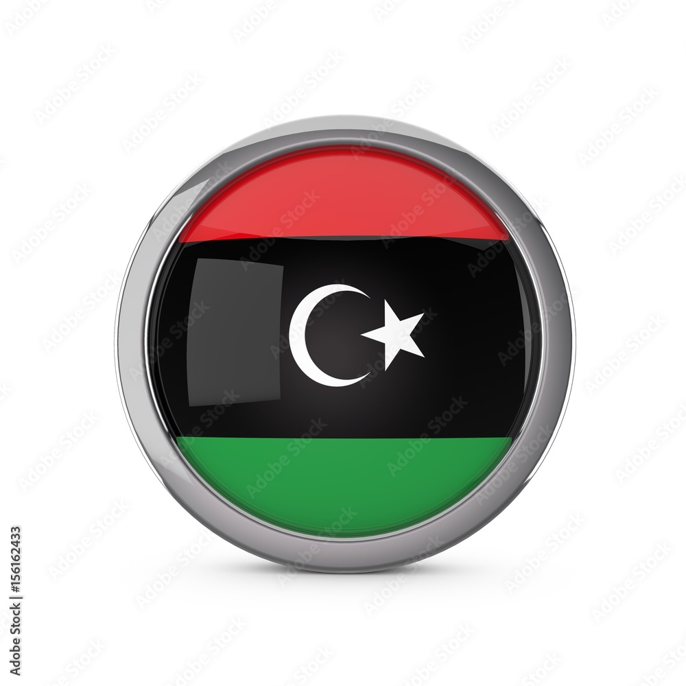 Libya national flag in a glossy circle shape with chrome frame. 3D Rendering Libya national flag in a glossy circle shape with chrome frame. 3D Rendering