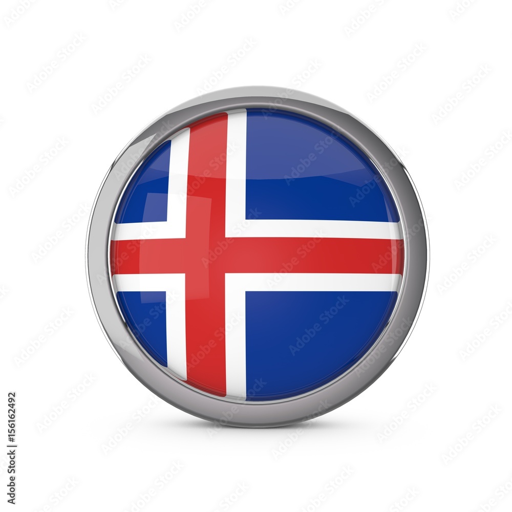 Iceland national flag in a glossy circle shape with chrome frame. 3D Rendering Iceland national flag in a glossy circle shape with chrome frame. 3D Rendering