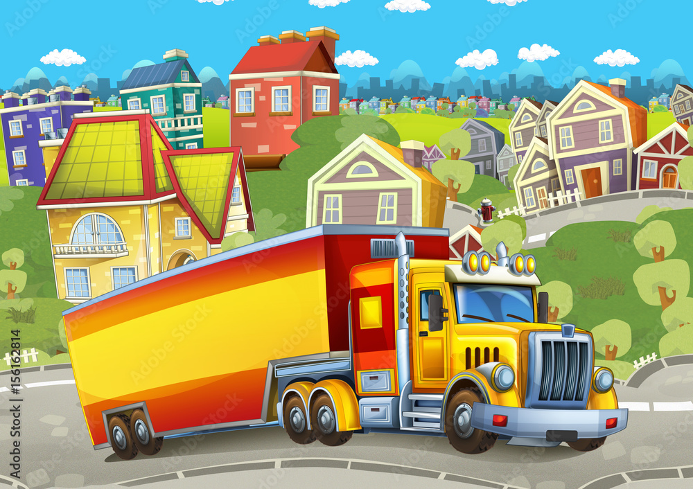 Fototapeta kreskówka szczęśliwy ładunek ciężarówki z przyczepą jazdy przez miasto z miejscem na tekst