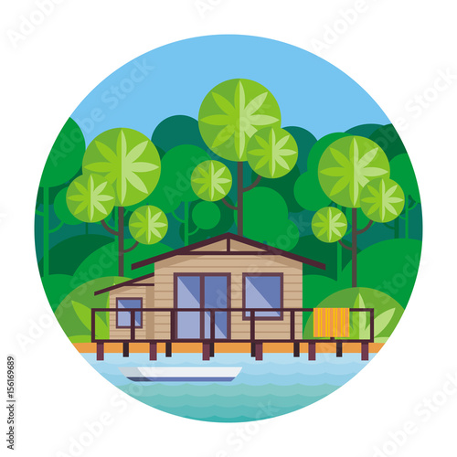 Beach house on stilts, surrounded by tropical plants. Round vector illustration
