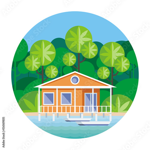 Beach house on stilts, surrounded by tropical plants. Round vector illustration