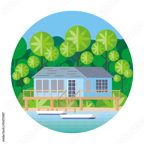 Beach house on stilts, surrounded by tropical plants. Round vector illustration