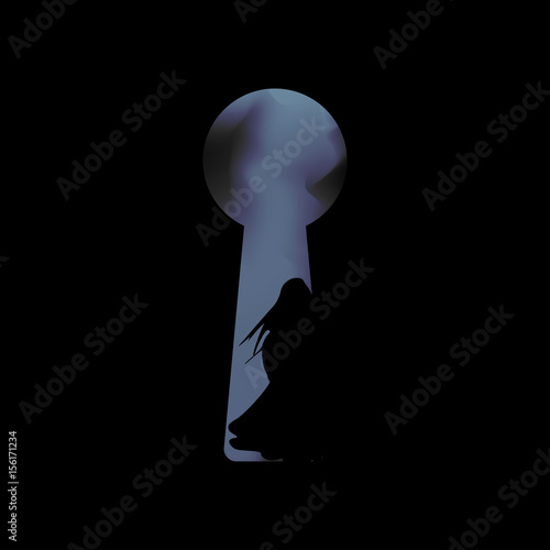 Mystery woman silhouette inside a big keyhole exit