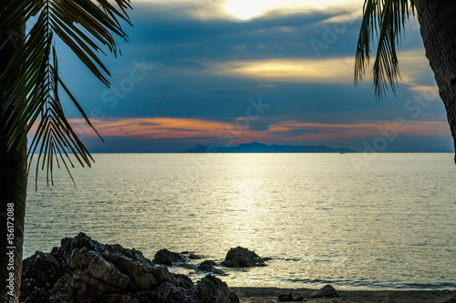 Palm leaves on the beach on sunset background