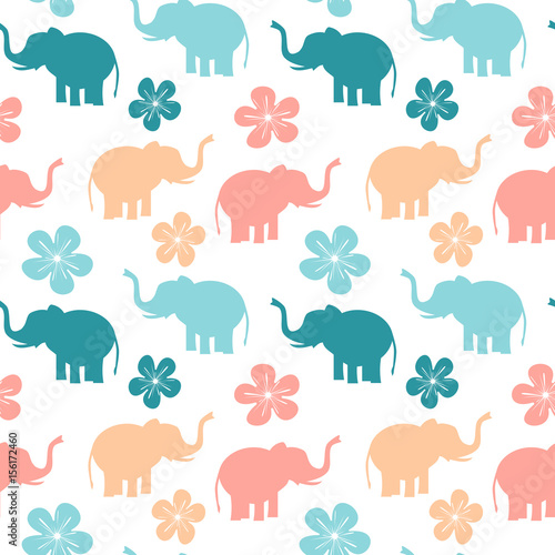 cute colorful seamless vector pattern background illustration with elephants and flowers