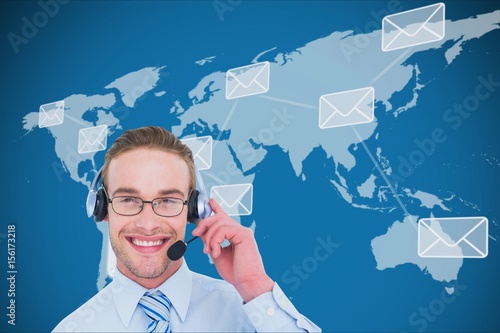 Businessman with hands free in front of digital mapworld photo