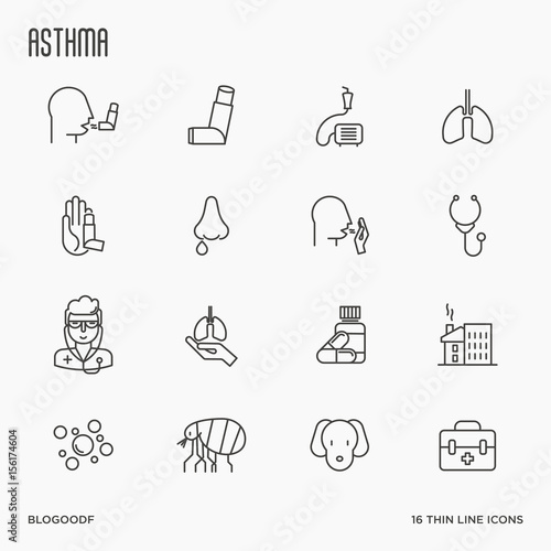 Set of allergy symptoms and the most common allergens thin line style icons. Asthma inhaler. Vector illustration.