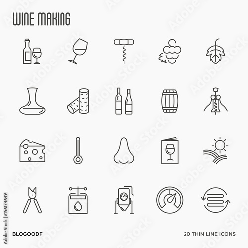 Thin line wine and wine making icons set isolated on white background. Vector illustration..
