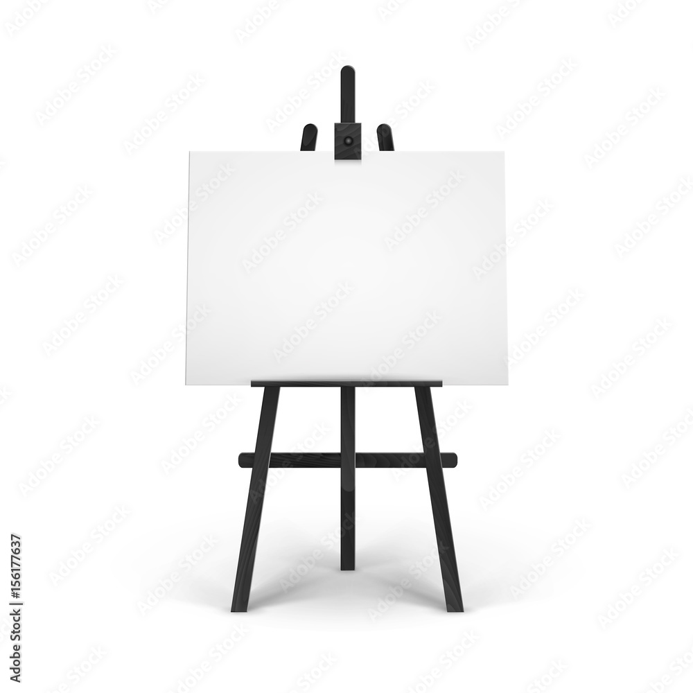 Vector Wooden Black Easel with Mock Up Empty Blank Horizontal Canvas Isolated on Background Vector Wooden Black Easel with Mock Up Empty Blank Horizontal Canvas Isolated on Background