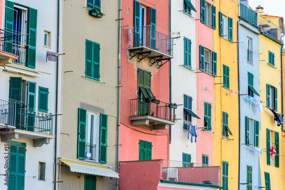 View of the colorful house of the famous town of Porto Venere in Liguria, near the Cinque Terre National Park.