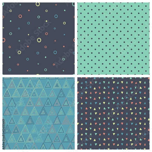Set of four hand drawn seamless patterns with branches, triangles. Endless vector textures. Template design for abstract childish textile, backgrounds, packages, wrapping paper, fabric, wallpaper.