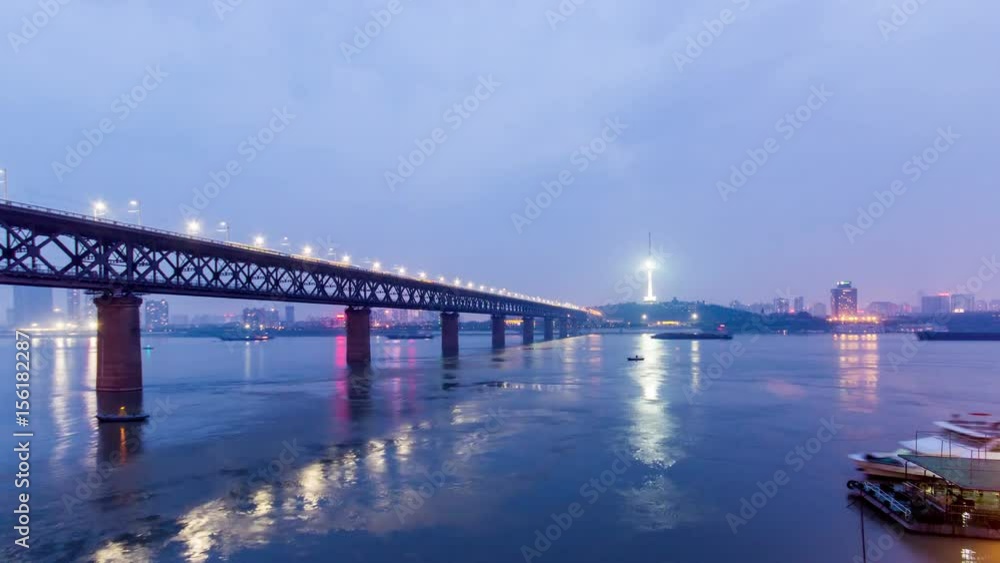 WuHan Yangtze River Bridge From day to night,Time lapse WuHan Yangtze River Bridge From day to night,Time lapse
