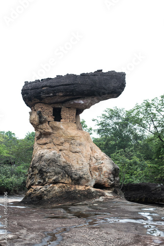 Photography the prehistoric Cave and Stone Park of Phu Phra Bat National Park near the city of Udon Thani in the Isan in Northeast Thailand