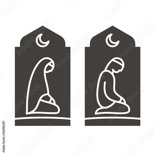 Muslim man and woman making a supplication. Islamic prayer icons.