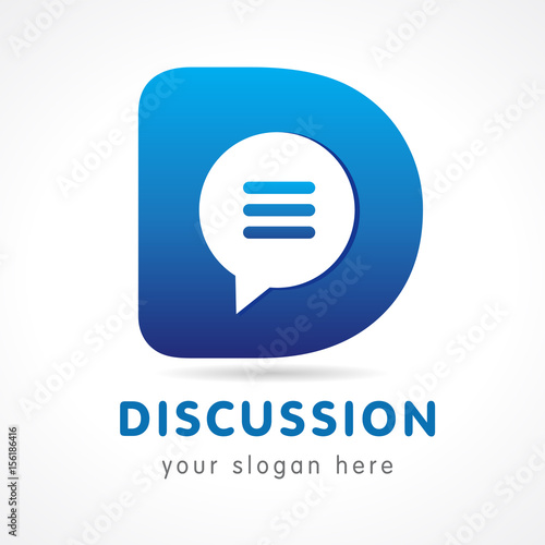 D letter corporate logo. Business or educational consult, blue colored volume logotype. FAQ, I.Q., contact us, template of speak, computer or smartphone settings, blue brand icon.