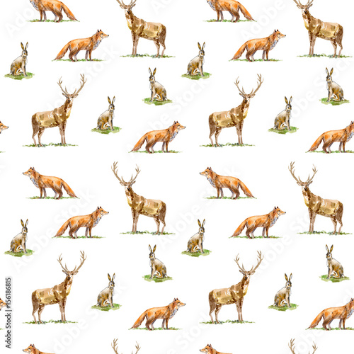 Seamless pattern of a deer, hare and fox.Forest animals.Watercolor hand drawn illustration.White background.