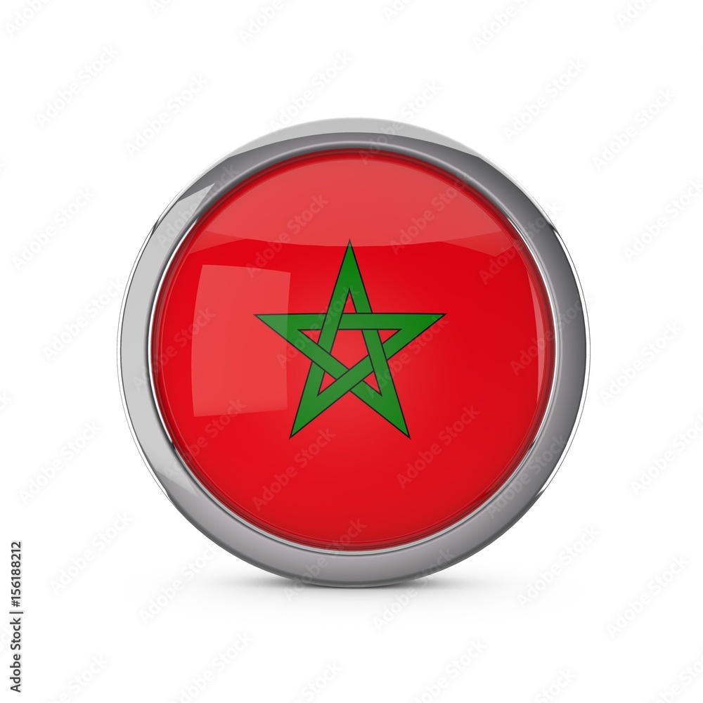 Morocco national flag in a glossy circle shape with chrome frame. 3D Rendering Morocco national flag in a glossy circle shape with chrome frame. 3D Rendering