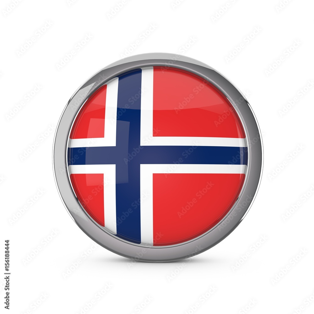 Fototapeta premium Norway national flag in a glossy circle shape with chrome frame. 3D Rendering
