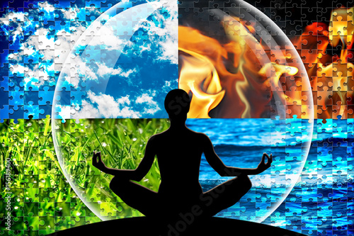 Fototapeta Female yoga figure in a circle composed of four puzzle cut natural elements (water, fire, earth, air)  as a concept for open mind, inner power, serene