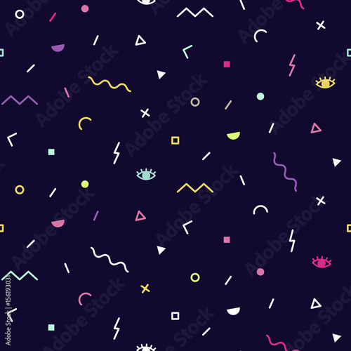 Seamless pattern, vector geometric background. Fabric textile texture, print wrapping. Modern memphis style design. Repeat colored graphics elements, eyes.