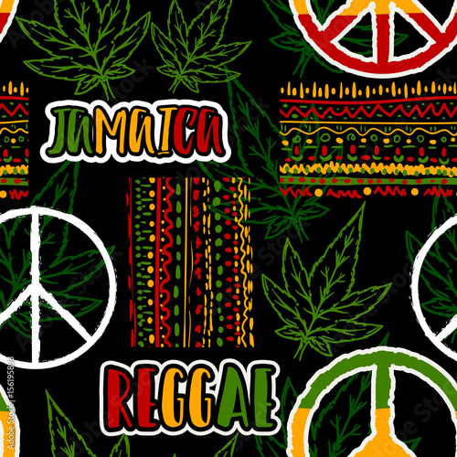 Seamless pattern with hippie peace symbol, cannabis leaves and ethnic ornament. Jamaica theme. Reggae concept design. Vector illustration