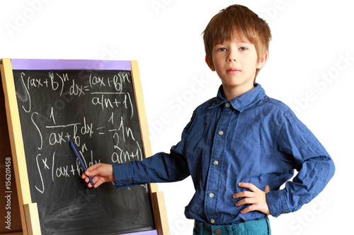 Little geek near the board explaining how to solve integral rational functions, isolated on white background