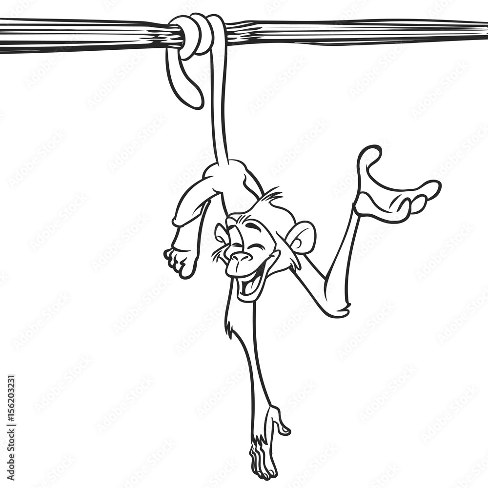 Fototapeta premium Cute Monkey Chimpanzee Hanging On Wood Branch outline. Vector Illustration In Fun Cartoon Style Design for coloring book