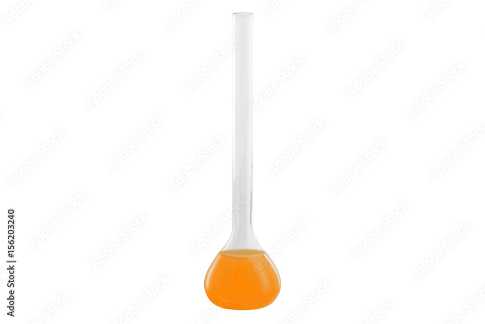 Test-tube with orange liquid, isolated on white background. Medicine, Chemistry. Horizontal frame