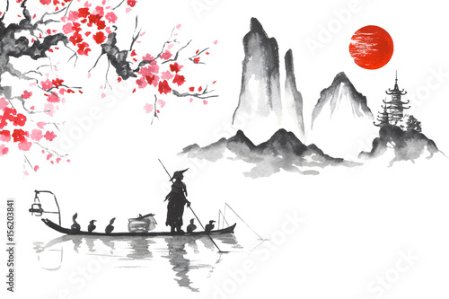 Japan Traditional japanese painting Sumi-e art Man with boat