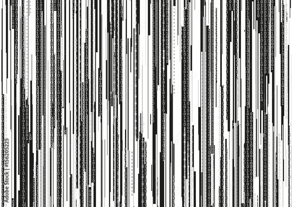 Abstract background with glitched vertical stripes, stream line binary code background with two binary digits 0 and 1. Abstract background with glitched vertical stripes, stream line binary code background with two binary digits 0 and 1.