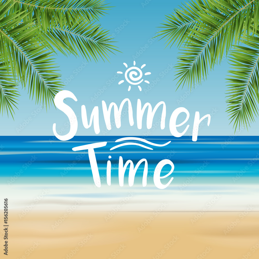 Fototapeta premium Summer time vector illustration with beach, sea and palm trees in the background