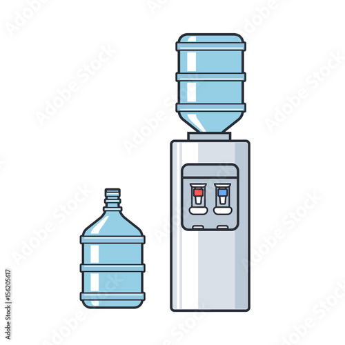 Line vector plastic water cooler with blue full bottle. Flat illustration on white background