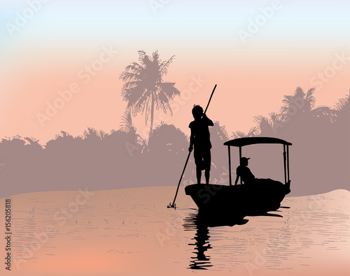 East Asia boat. Outline vector image